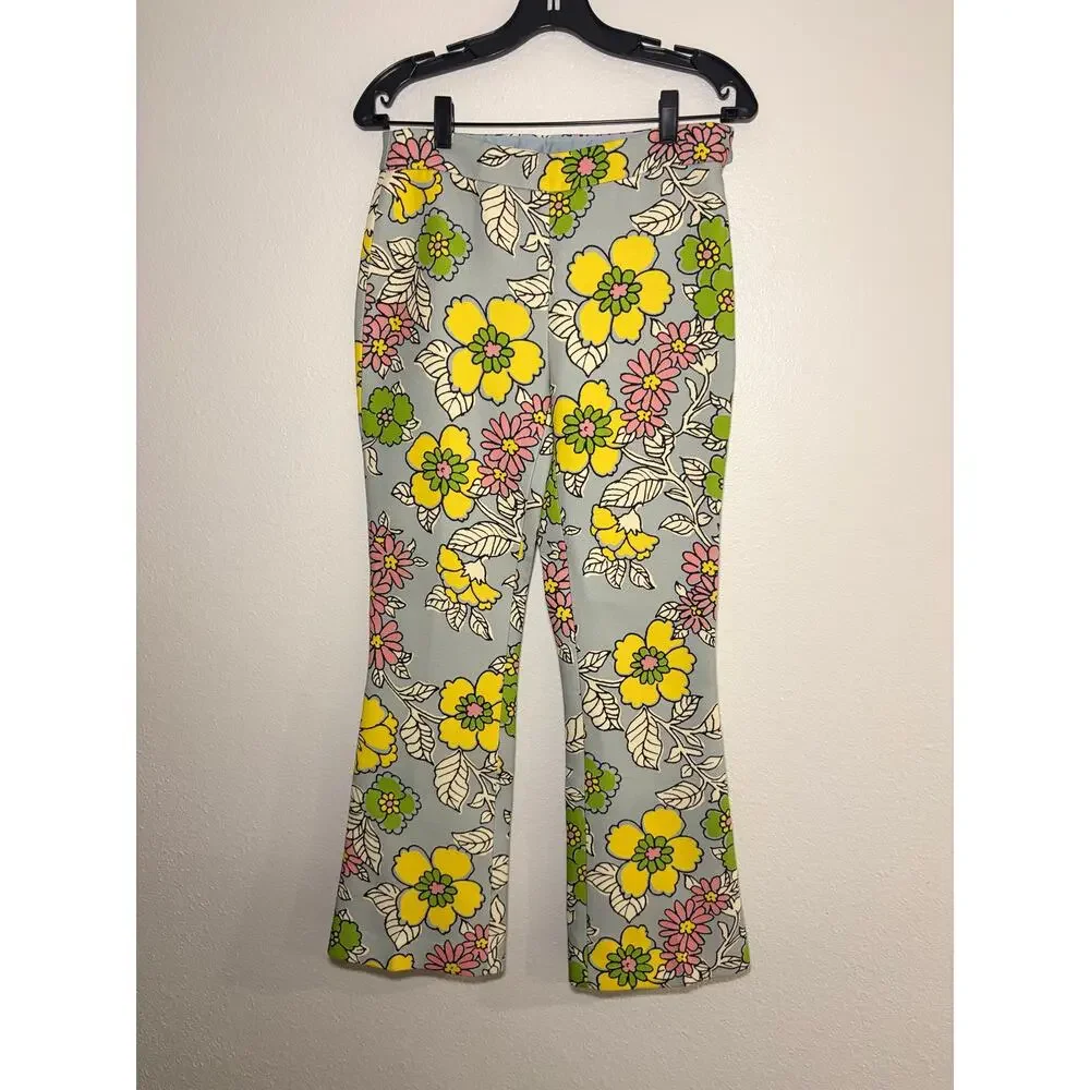 TORY BURCH Printed Twill Crepe Flared Pants | Blue Floral Wallpaper | NWT | 0